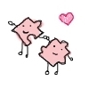 Two pink puzzle-piece characters with smiling faces hold hands, one holding a small white object while a pink heart floats above them.