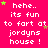 Pixelated text on bright pink background with green stars, repeating 'hehe.. its fun to fart at jordyns house!' in white block letters.