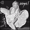 Black-and-white image of a woman in a flowing white dress with a hand on her face, text "oops!" and a heart symbol in the top-left corner.