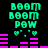 Green pixelated text 'BOOM BOOM POW' with heart symbols and pink audio bars on black background, animated with changing pink bar patterns.