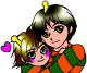 Two cartoon characters embrace; one has a pink heart, the other a yellow star near their faces.