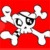 Pixelated white skull with crossbones on solid red background, rendered in low-resolution digital style with visible pixelation.