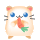Pixelated cartoon hamster with blue eyes, red nose, and green-tipped tail holding a carrot; light beige body on gray background.