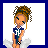 Pixel art contact sheet of a cheerleader character with changing text elements across six frames, featuring brown braided hair, blue and white uniform, and cloud-like base on white background.
