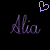 A split-screen animated buddy icon showing two versions of the name "Alia" in pixelated script, with a heart symbol above each version on contrasting backgrounds.