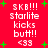 Red background with green plus signs and white pixelated text reading 'SKB!!! Starlite kicks butt!! <33' arranged in a pattern