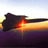 Pixelated static image of a dark silhouette against an orange and yellow gradient sky with purple water below.