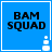 Blue square icon with black text "BAM SQUAD" and white pixelated plus sign stack in bottom-right corner.