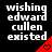 White pixelated text on black background reads "wishing edward cullen existed" with red triangular corner containing a heart symbol.