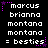 Pixelated text displays names and relationship status with purple star accents on a black background.