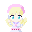 Pixel art of a blonde character with pink hair accents, blue eyes, and a light purple and white outfit with pink details, shown in two expressions.