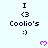 Pixel art icon with 'I <3 Coolio's :)' text and purple hearts, showing animation changes in the smiley face and heart positions across frames.