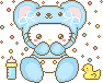 Pixel art of a blue koala-hatted character in a diaper with closed eyes, holding a bottle and duck, surrounded by colorful dots on gray background.