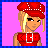 Pixel art contact sheet showing four frames of a female character in red and black fashion with pink accessories on a bright pink background.