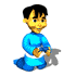 Animated character in blue outfit with white trim, performing sequential hand movements while kneeling on a plain background.