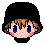 Pixelated anime-style character head with black hair, blue eyes, and pink cheeks in three variations showing eye states.