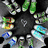 colorful cartoon characters and symbols on dark backgrounds with heart motifs, featuring repeated patterns and color variations