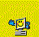 Pixelated computer monitor with smiling face, blue hands waving against changing backgrounds.