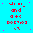 A static digital image with a bright cyan background, red text reading 'shaay and alex bestiee <3', small pink dots scattered across the surface, and a solid gray rectangle in the bottom-right corner.