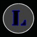 Circular icon with dark gray background and white border containing a blue stylized letter L in various rotated positions