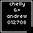 Four identical black square with white pixelated text and symbols, each displaying 'chelly', '&+', 'andrew', '012708' in a