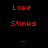 Red pixelated text on black background reads 'Love Stinks ... But in the good way ^-^' next to a red heart with three question marks above it.