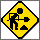 Yellow diamond-shaped warning sign with black silhouette of worker using shovel, showing sequential animation frames.