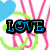 Pixelated text icons display 'LOVE', 'SMILE', and 'PEACE' in blue, green, and pink with black outlines over a background of overlapping hearts and curved lines.
