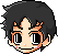 Pixel art of a character's head with black spiky hair, showing two expressions: open eyes and closed eyes.