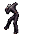 Pixelated character in dark gray outfit performing martial arts kicks with red accents on hands and feet against light gray background.