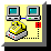 Pixel art of two gray computers with teal screens connected by a blue line, a yellow telephone on a gray base, and a red square on a yellow background.