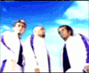 Animated sequence of figures in white and purple outfits against a blue sky background, showing sequential pose changes.