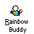 Pixelated character with white head and rainbow-colored torso in three distinct arm poses above 'Rainbow Buddy' text.