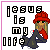 Pixel art buddy icon featuring text and a character with red headwear, green eyes, and dark clothing against a white background with pink border.