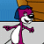 Pixelated cartoon character with purple hair and blue cap standing next to green text reading "Original Icons .com" on a split background of blue, brown, and gray.