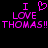 Pixelated pink text and heart symbol on black background, displaying "I ❤️ LOVE THOMAS!! THOMAS!!" in two mirrored sections.