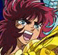 Anime character with long red hair and yellow armor, mouth open in a shout, blue eyes, and visible tears, with text overlays.