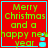 Red square icon with cyan border displaying 'Merry Christmas and a happy new year' in green pixelated text and a small cyan snowman graphic.