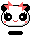 Four pixel-art panda faces with black ears, white cheeks, red blush marks, and pink star-shaped bows on their heads arranged in a