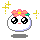A 4-frame animated contact sheet of a pixel art character with large eyes, pink flower crown, and yellow sparkles on gray background.