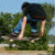 A person in dark clothing and blue jeans performs a skateboarding trick outdoors with green trees and sky background.