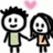 Pixelated cartoon of two stick figures holding hands, one with spiky hair and green shirt, the other with long hair and brown shirt, pink heart above them.