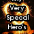 Animated icon with fiery heart background and text listing names Nick, Kyle, Alex alongside 'Very Special Hero's' and descriptive phrases.