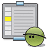 Pixelated green circular character with black eyes and eyebrows stands beside a clipboard with a yellow highlighted section and blue accents.