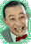 Two side-by-side animated frames of a cartoon character with short dark hair, light skin, and a red bow tie against a gray background.