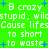 Green background with white pixelated text repeating 'B crazy stupid, wilstupid, will Cause lifes to short to waste' and blue plus signs scattered throughout.