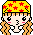 Pixel art of a character with yellow headscarf, red stars, and orange hair; two versions show different facial expressions.