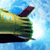 Pixelated static image of a green and yellow cartoon vehicle with purple accents against a blue sky background.