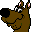 Pixelated brown cartoon dog head with black ears, white eyes, pink inner ears, and green spots on a gray background.
