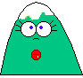 Green cartoon character with white snow-capped head, purple eyes, red mouth, and black eyelashes on gray background.